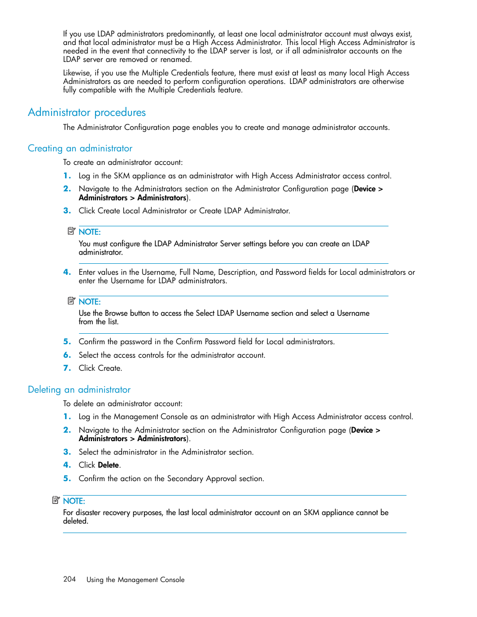 Administrator procedures, Creating an administrator, Deleting an administrator | HP Secure Key Manager User Manual | Page 204 / 327