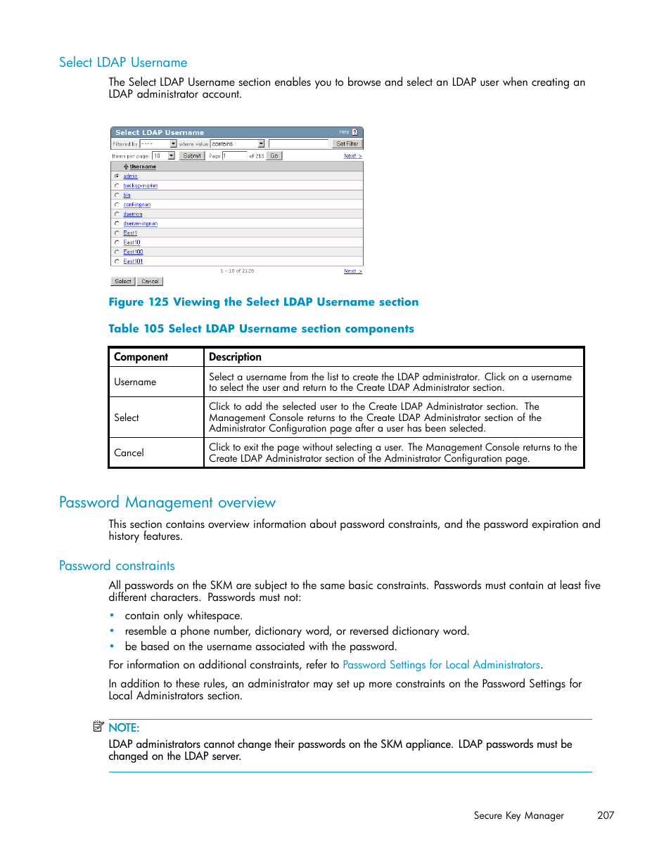 Select ldap username, Password management overview, Password constraints | 125 viewing the select ldap username section, 105 select ldap username section components | HP Secure Key Manager User Manual | Page 207 / 327