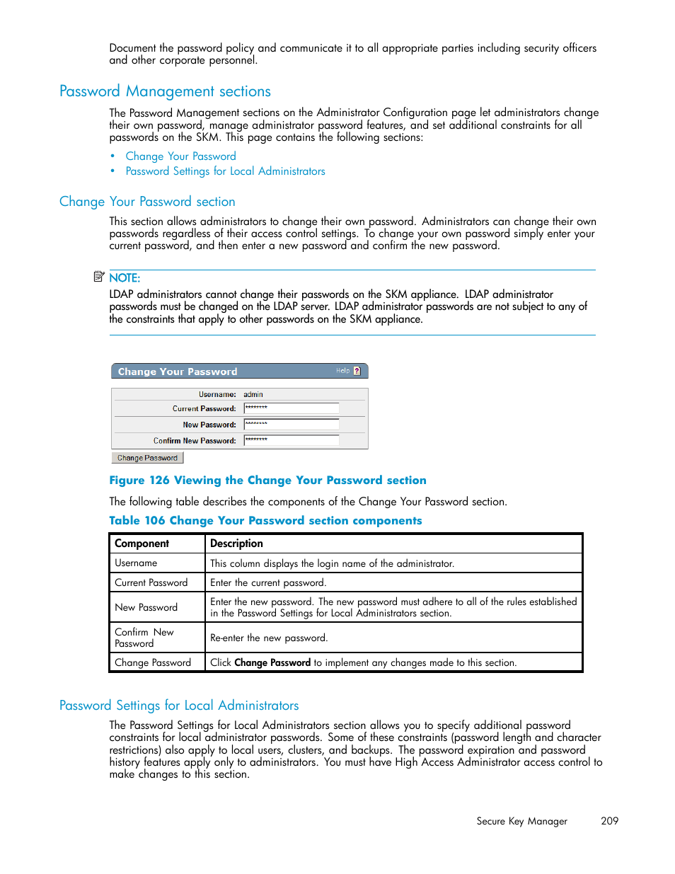 Password management sections, Change your password section, Password settings for local administrators | 126 viewing the change your password section, 106 change your password section components | HP Secure Key Manager User Manual | Page 209 / 327