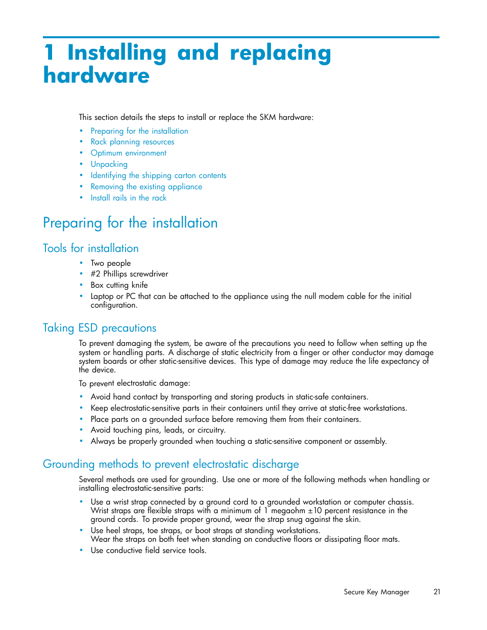 1 installing and replacing hardware, Preparing for the installation, Tools for installation | Taking esd precautions | HP Secure Key Manager User Manual | Page 21 / 327