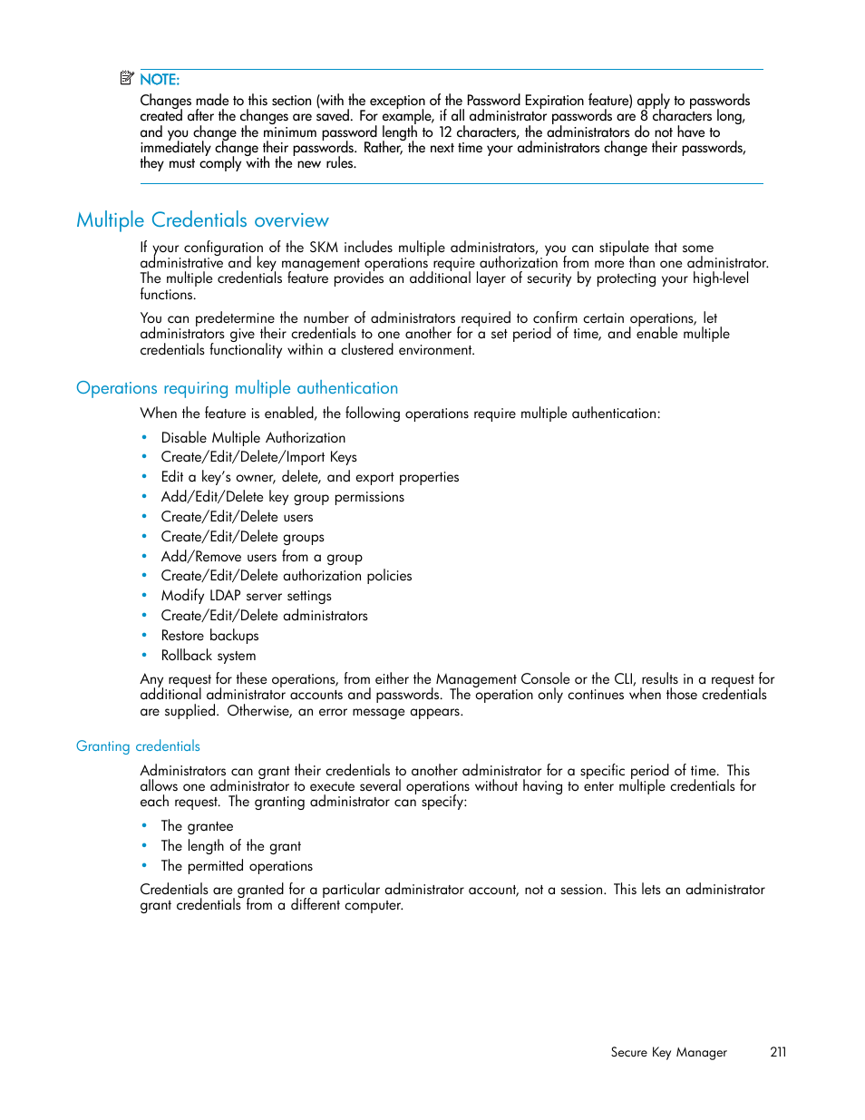 Multiple credentials overview, Operations requiring multiple authentication | HP Secure Key Manager User Manual | Page 211 / 327