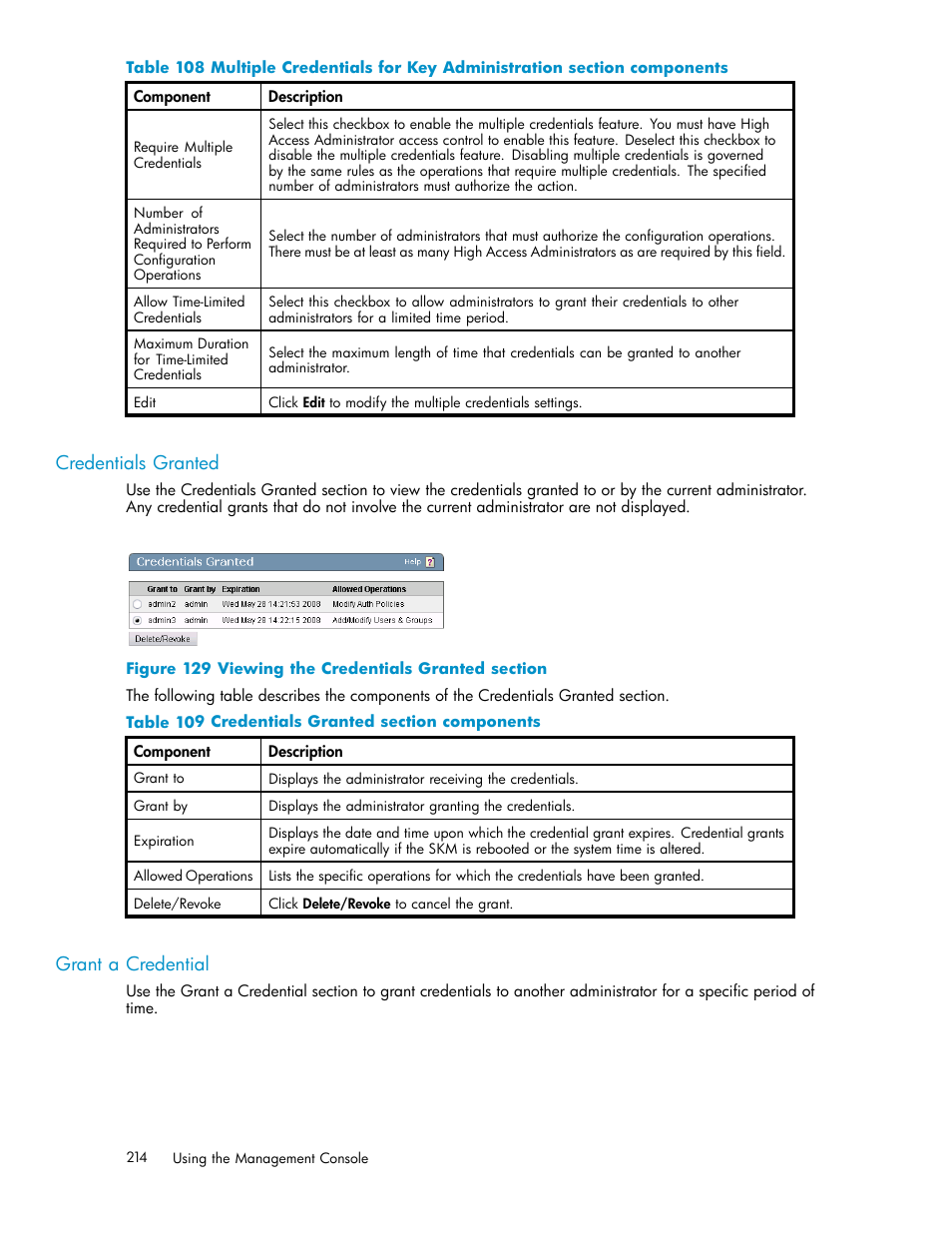 Remote administration settings overview, Remote administration settings sections, Credentials granted | Grant a credential, 129 viewing the credentials granted section, 109 credentials granted section components | HP Secure Key Manager User Manual | Page 214 / 327