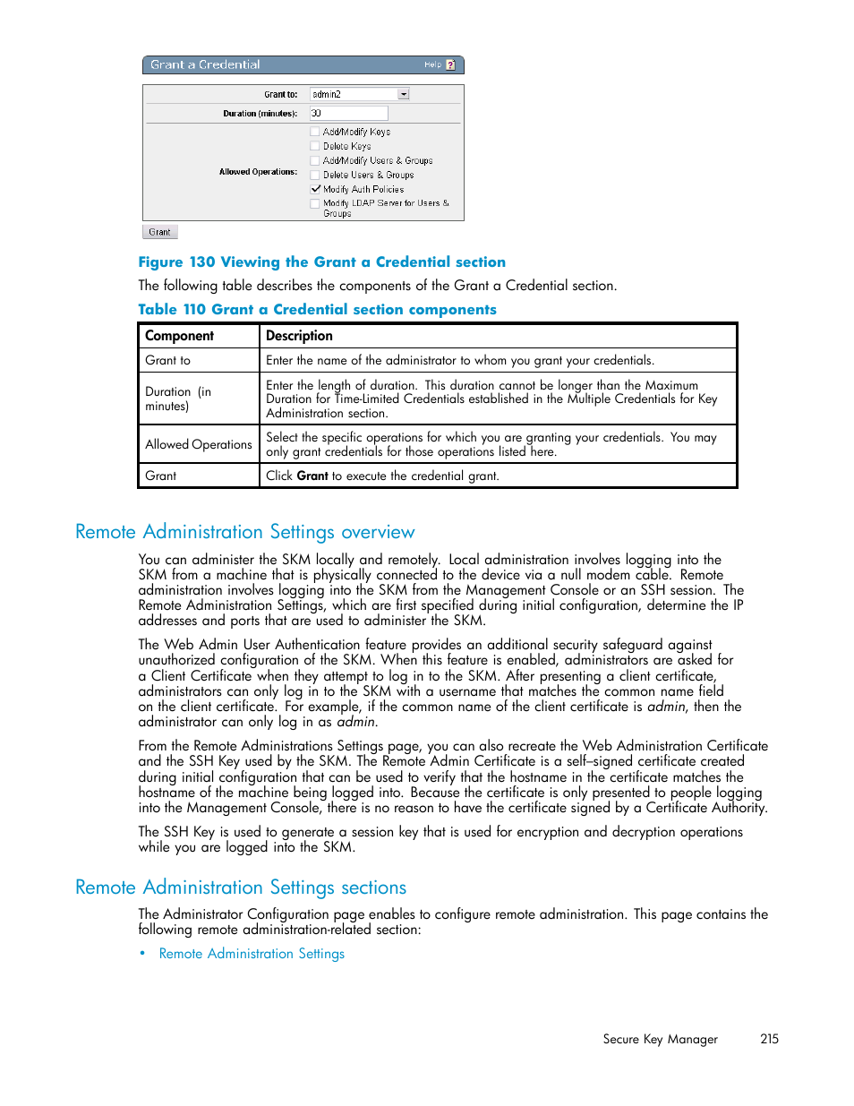 Remote administration settings overview, Remote administration settings sections, 130 viewing the grant a credential section | 110 grant a credential section components | HP Secure Key Manager User Manual | Page 215 / 327