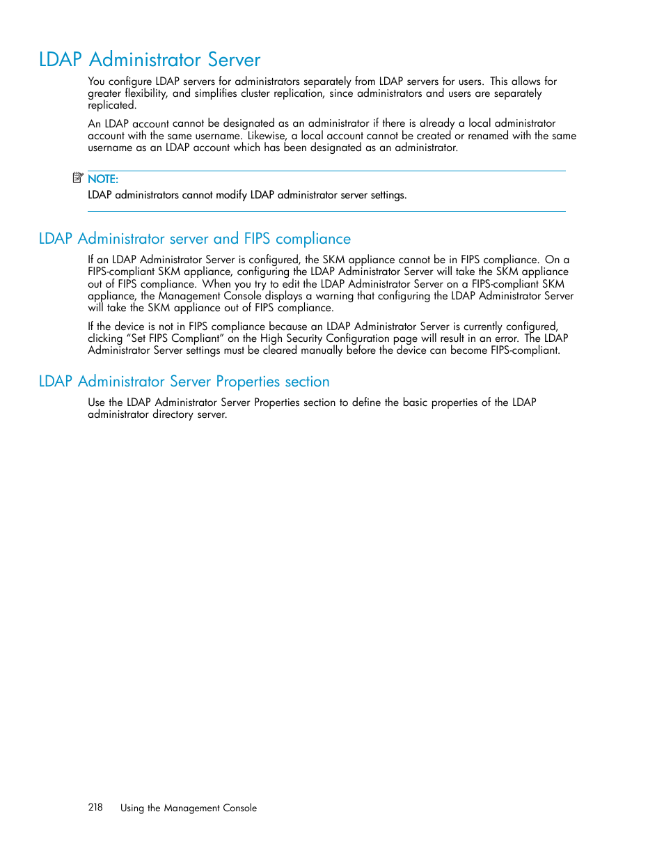 Ldap administrator server, Ldap administrator server and fips compliance, Ldap administrator server properties section | Ldap schema properties | HP Secure Key Manager User Manual | Page 218 / 327