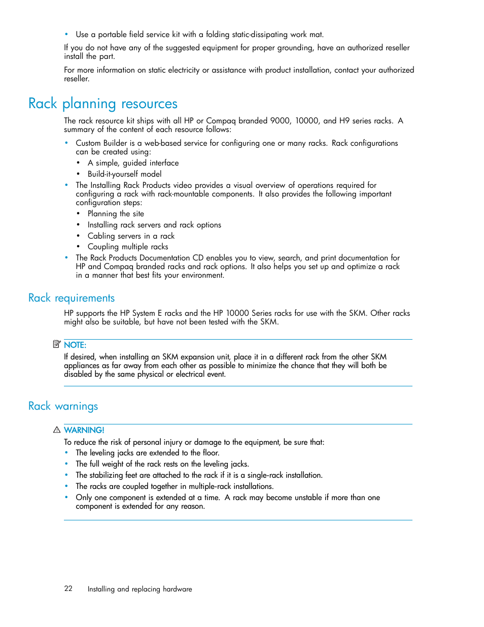 Rack planning resources, Rack requirements, Rack warnings | Optimum environment, Space and airflow requirements, Temperature requirements | HP Secure Key Manager User Manual | Page 22 / 327