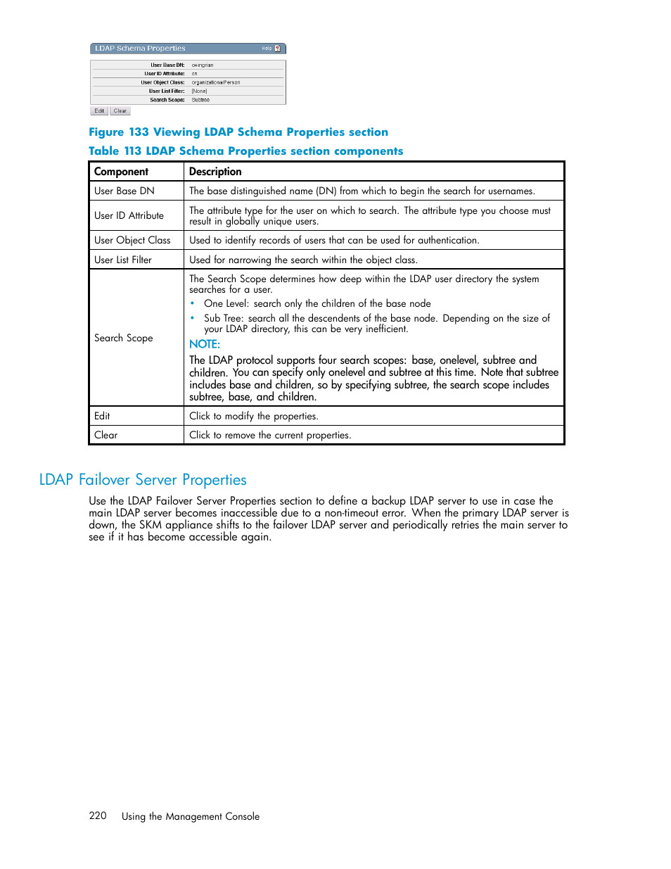 Ldap failover server properties, Viewing logs and statistics, Logging overview | 133 viewing ldap schema properties section, 113 ldap schema properties section components | HP Secure Key Manager User Manual | Page 220 / 327