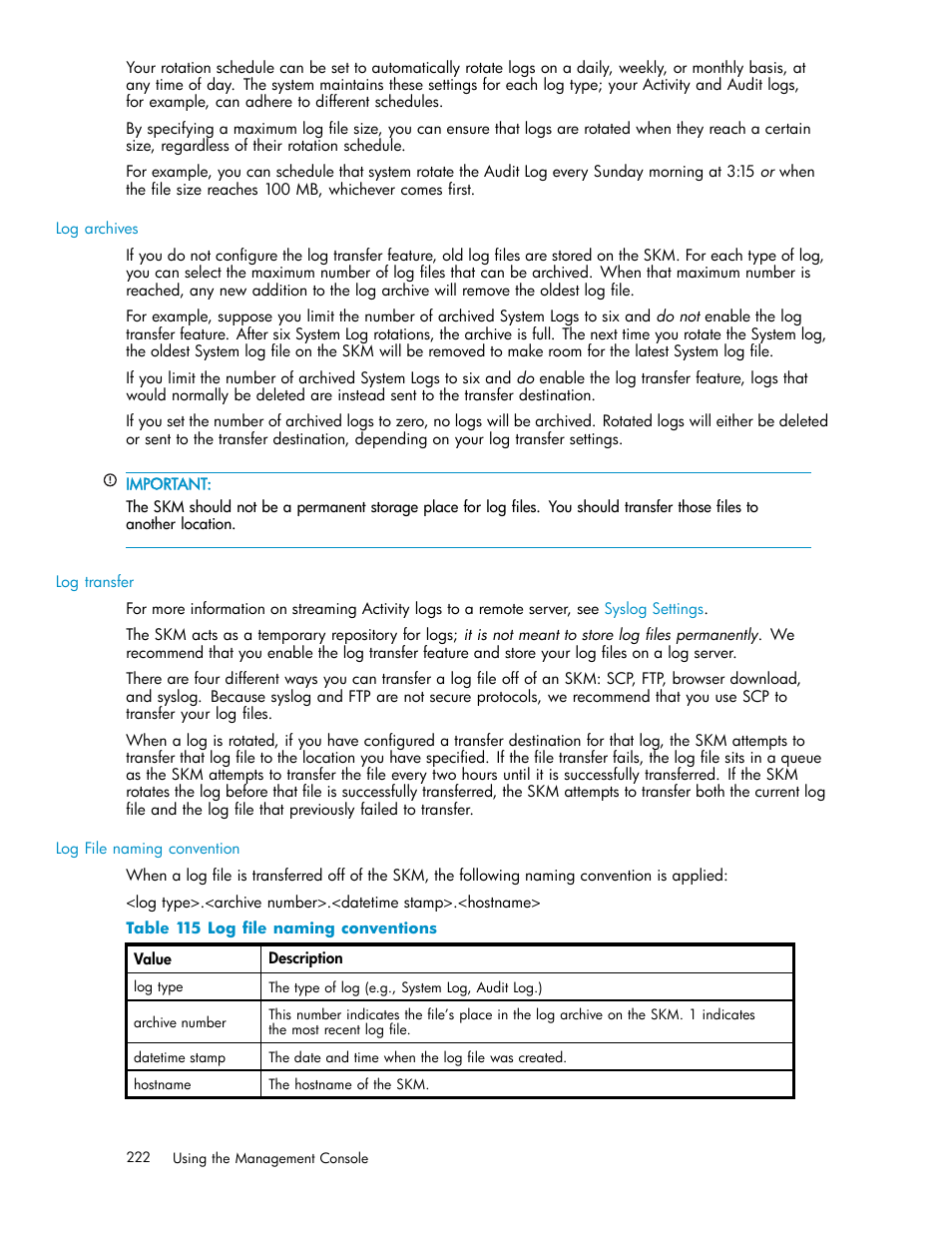 115 log file naming conventions | HP Secure Key Manager User Manual | Page 222 / 327