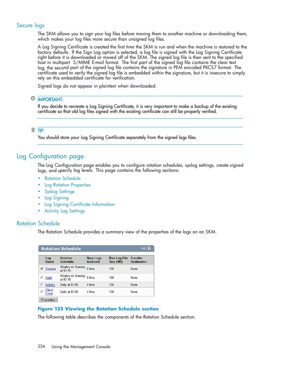 Secure logs, Rotation schedule, 135 viewing the rotation schedule section | Log configuration page | HP Secure Key Manager User Manual | Page 224 / 327