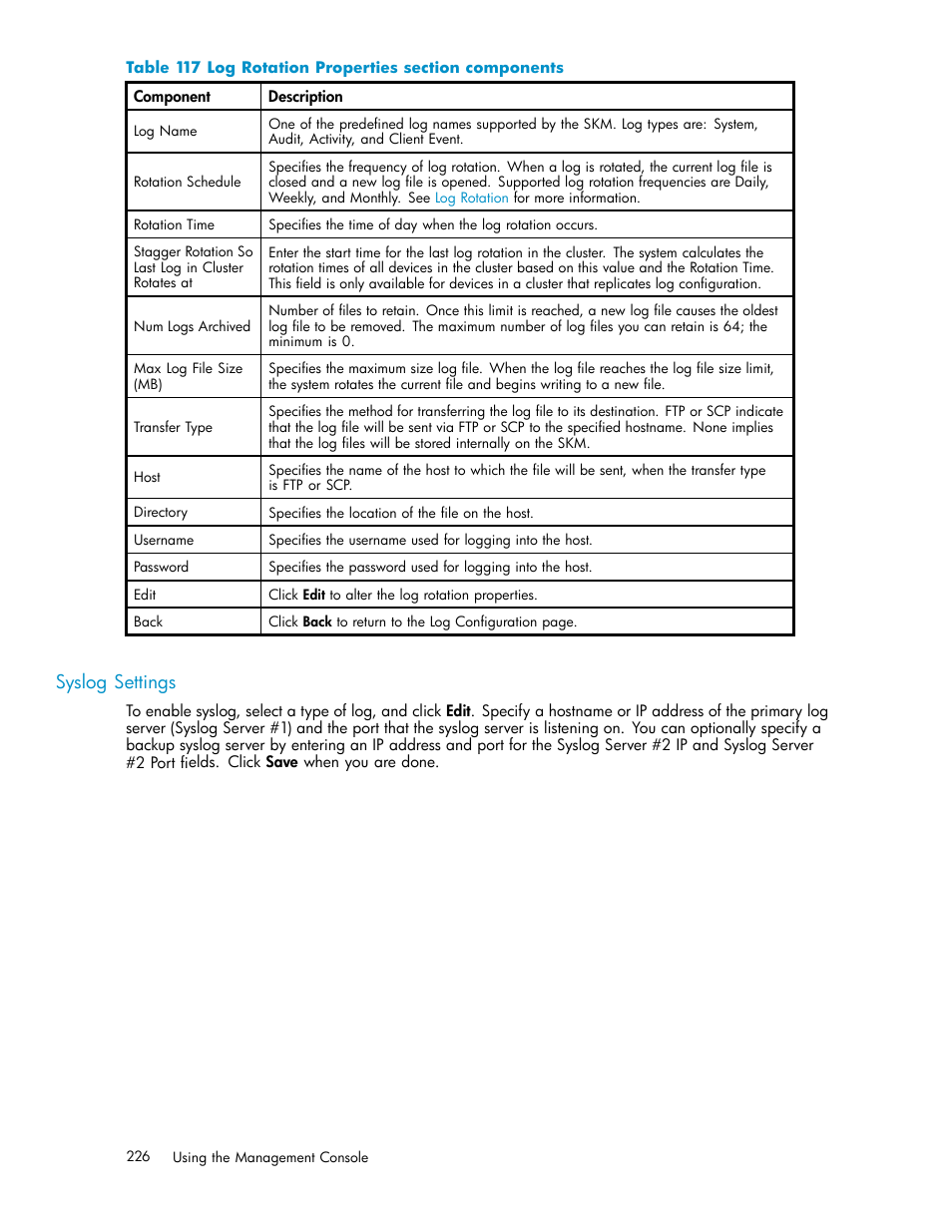 Syslog settings, 117 log rotation properties section components | HP Secure Key Manager User Manual | Page 226 / 327