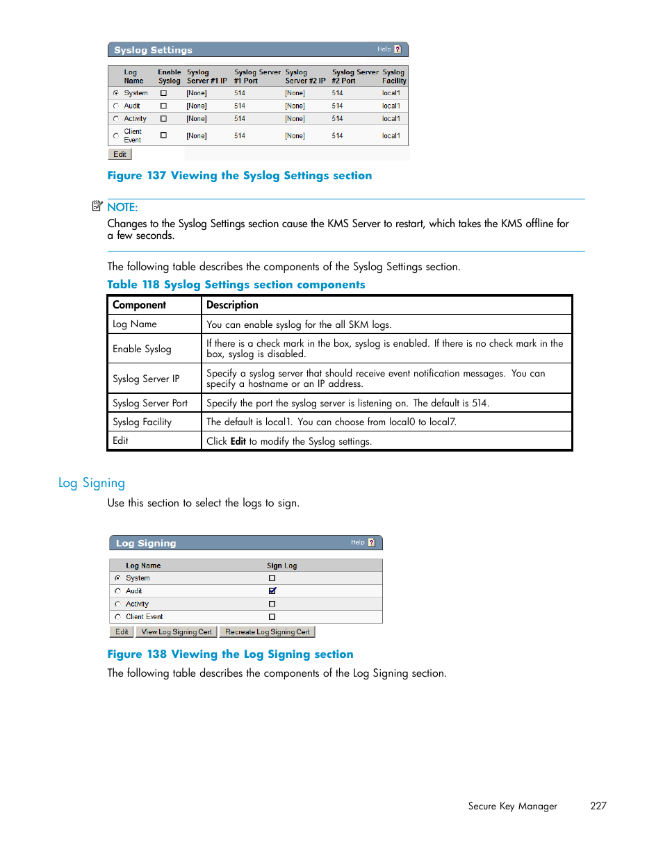 Log signing, 137 viewing the syslog settings section, 138 viewing the log signing section | 118 syslog settings section components | HP Secure Key Manager User Manual | Page 227 / 327