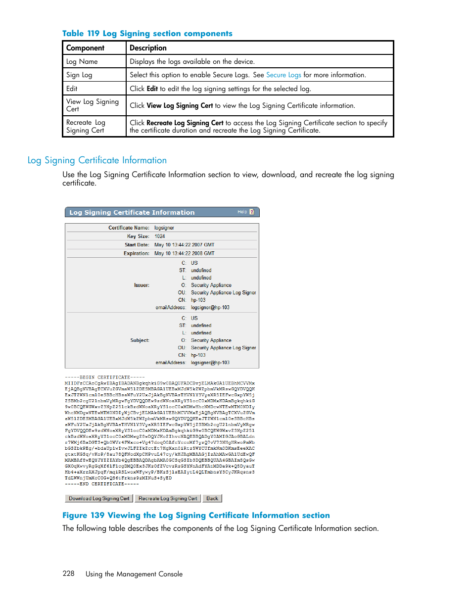 Log signing certificate information, 119 log signing section components | HP Secure Key Manager User Manual | Page 228 / 327