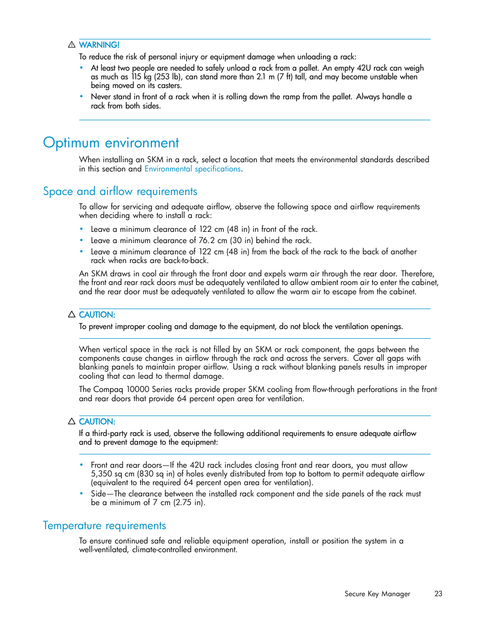 Optimum environment, Space and airflow requirements, Temperature requirements | HP Secure Key Manager User Manual | Page 23 / 327