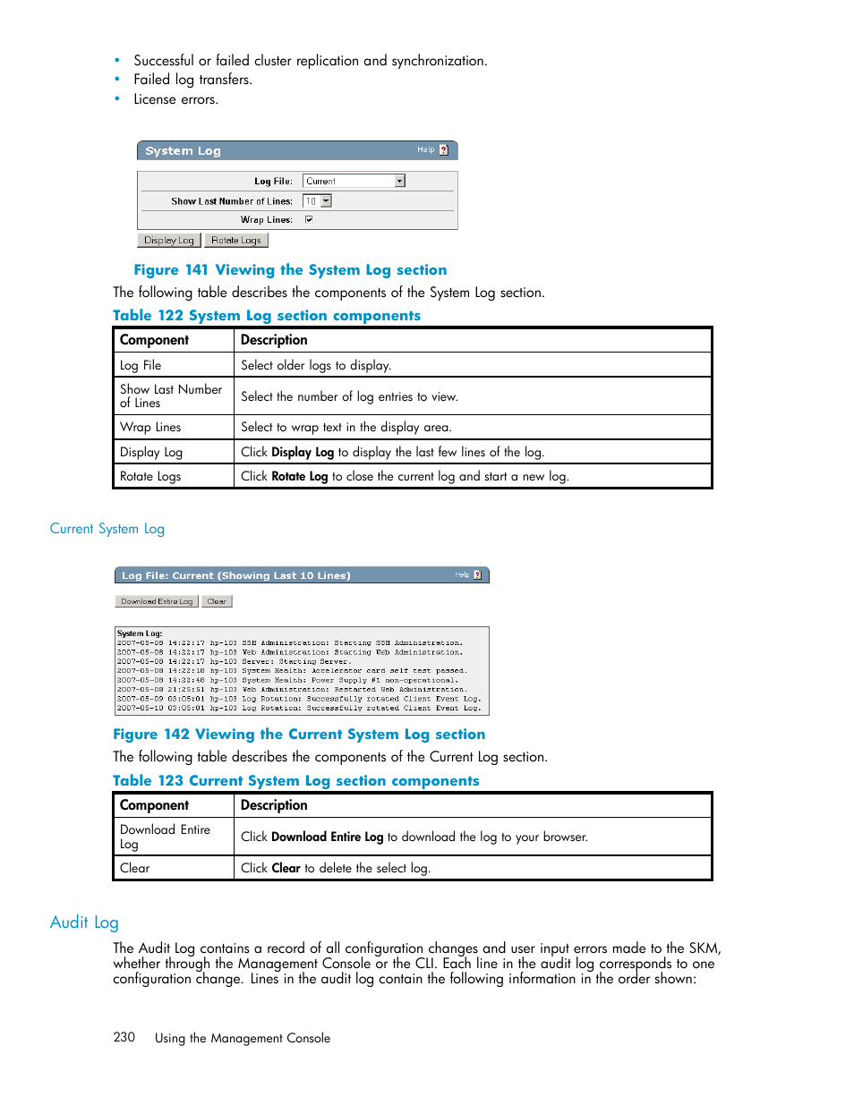 Audit log, 141 viewing the system log section, 142 viewing the current system log section | 122 system log section components, 230 123 current system log section components | HP Secure Key Manager User Manual | Page 230 / 327