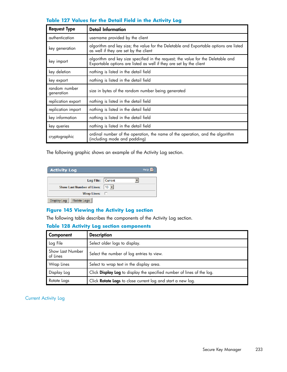 145 viewing the activity log section, 233 128 activity log section components | HP Secure Key Manager User Manual | Page 233 / 327