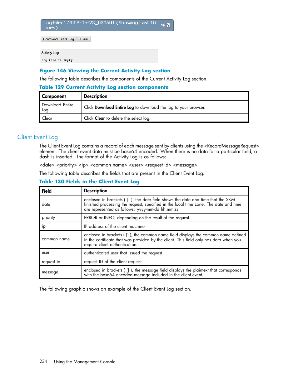 Client event log, 146 viewing the current activity log section, 129 current activity log section components | 130 fields in the client event log | HP Secure Key Manager User Manual | Page 234 / 327