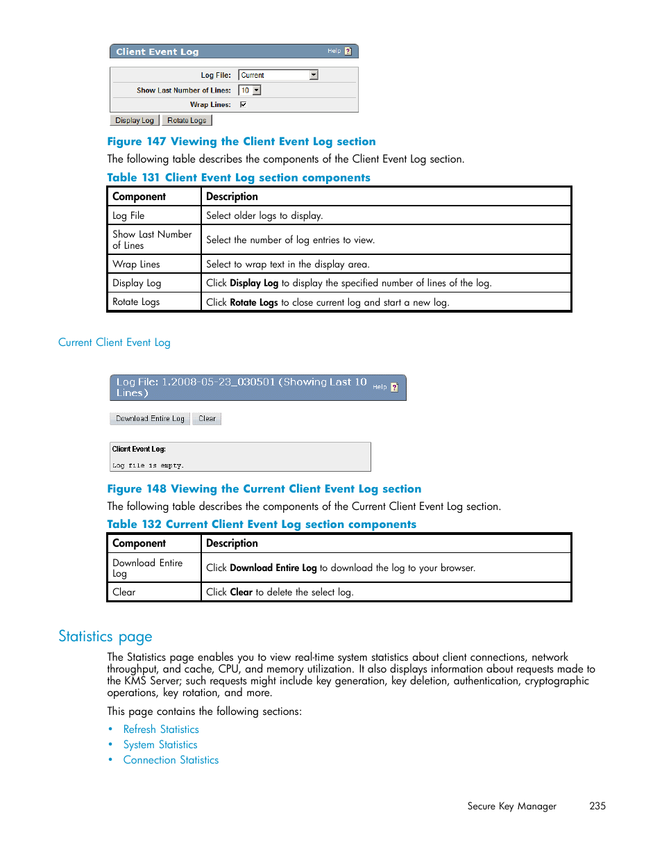 147 viewing the client event log section, 148 viewing the current client event log section, 131 client event log section components | 132 current client event log section components, Statistics page | HP Secure Key Manager User Manual | Page 235 / 327