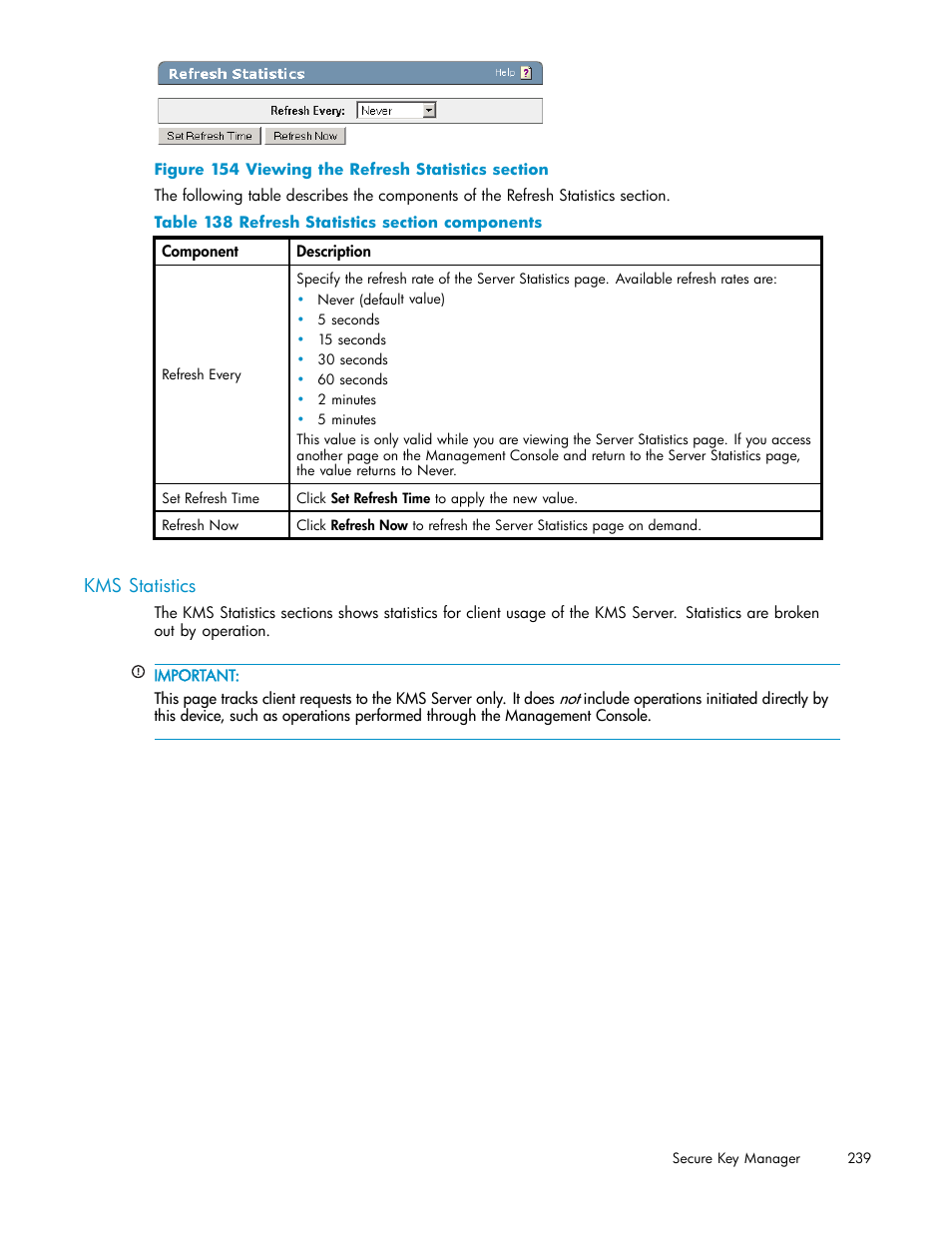 Kms statistics, 154 viewing the refresh statistics section, 138 refresh statistics section components | HP Secure Key Manager User Manual | Page 239 / 327