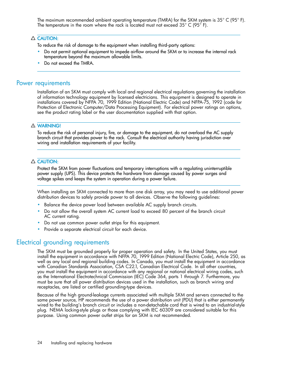 Power requirements, Electrical grounding requirements, Unpacking | Identifying the shipping carton contents | HP Secure Key Manager User Manual | Page 24 / 327