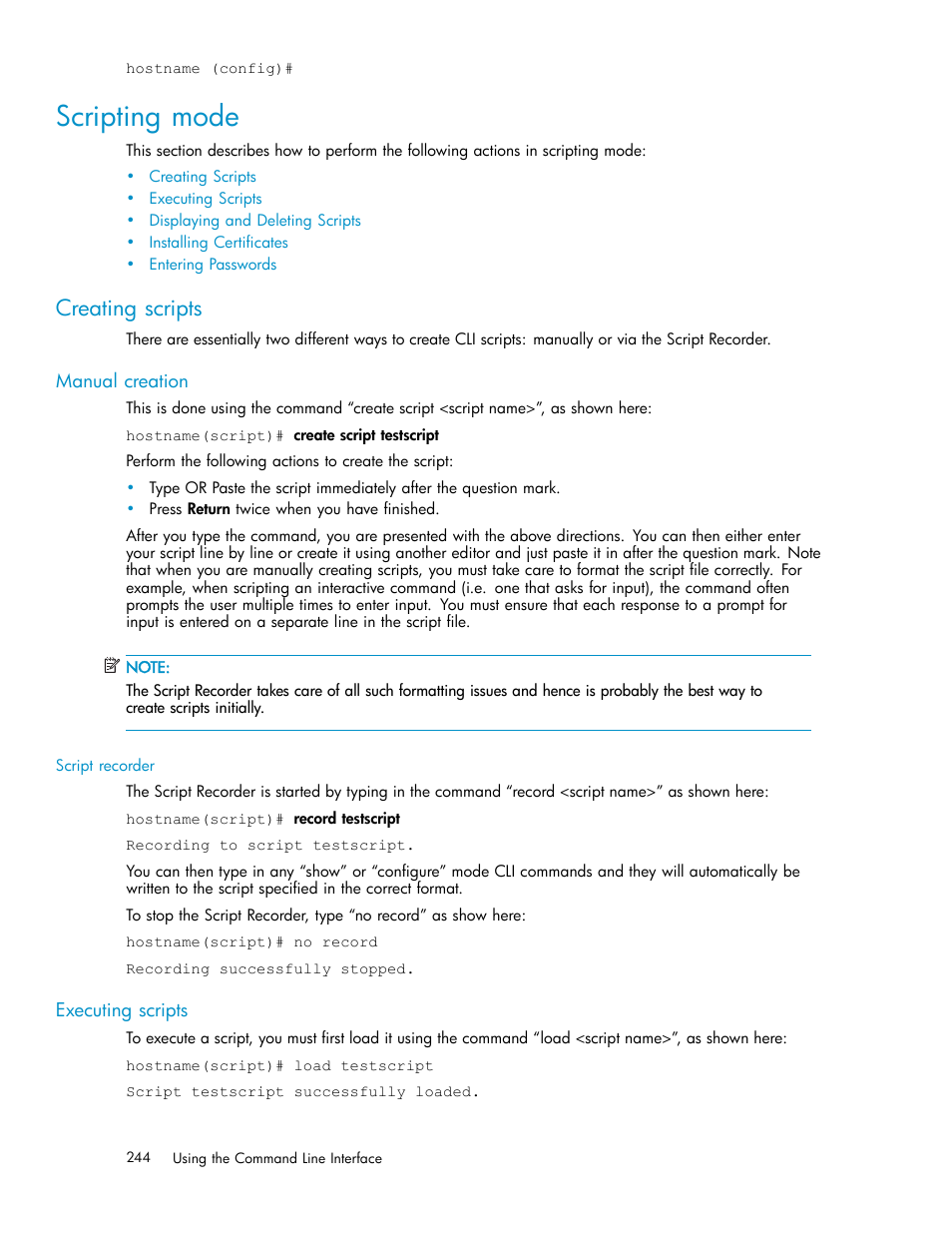 Scripting mode, Creating scripts, Cli commands | Manual creation, Executing scripts | HP Secure Key Manager User Manual | Page 244 / 327