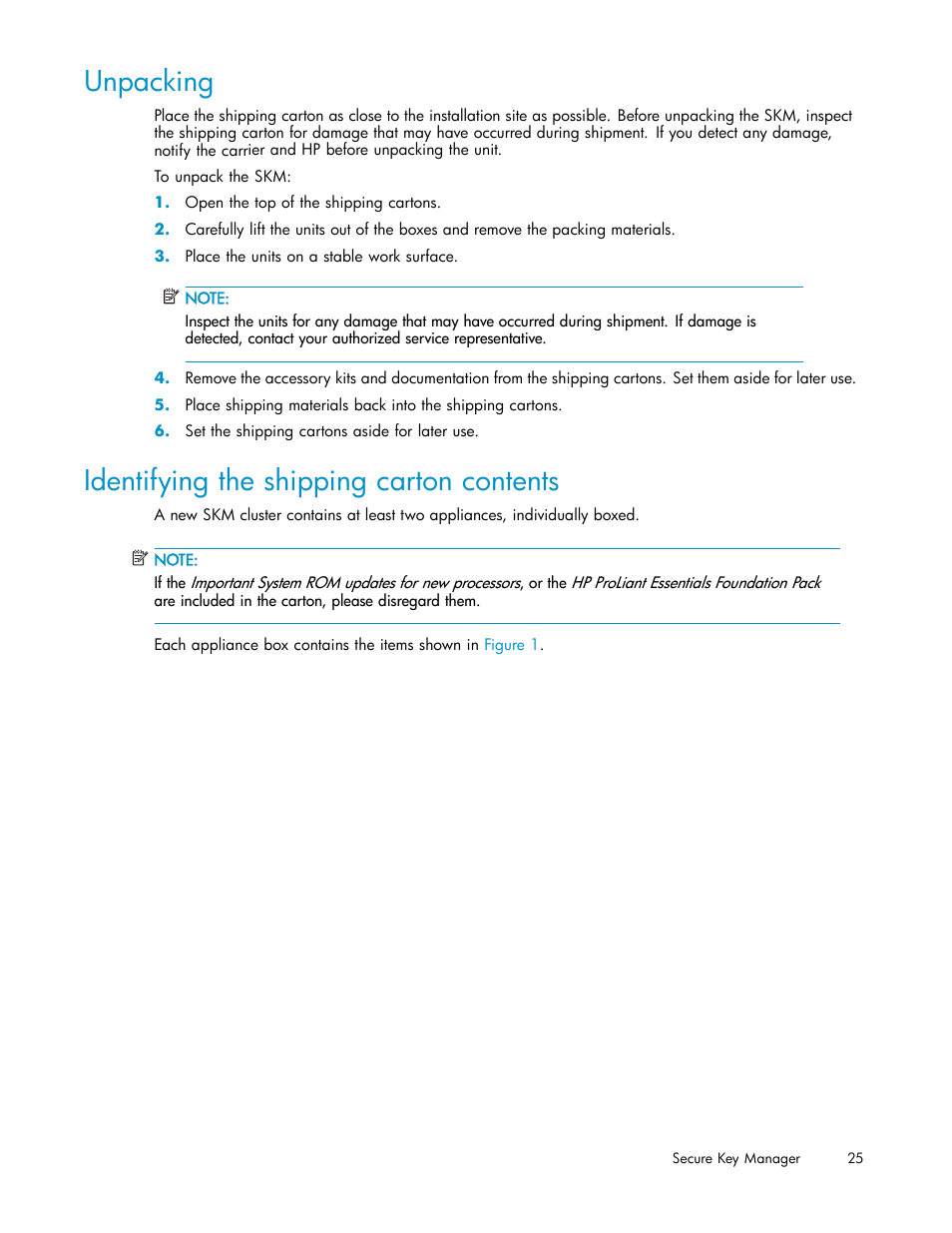 Unpacking, Identifying the shipping carton contents | HP Secure Key Manager User Manual | Page 25 / 327