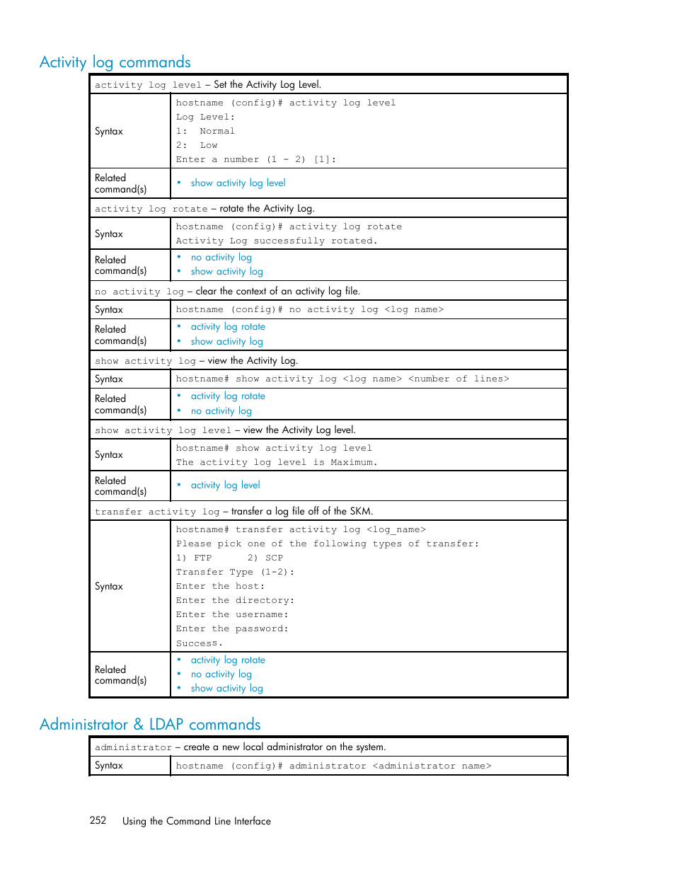 Activity log commands, Administrator & ldap commands | HP Secure Key Manager User Manual | Page 252 / 327