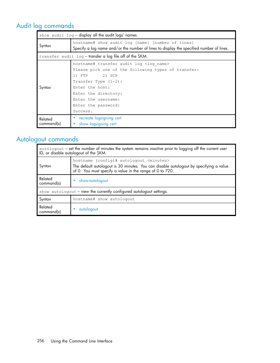 Audit log commands, Autologout commands, Backup and restore commands | Ca certificate commands | HP Secure Key Manager User Manual | Page 256 / 327