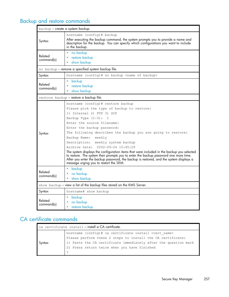 Backup and restore commands, Ca certificate commands, Ca cert commands | HP Secure Key Manager User Manual | Page 257 / 327