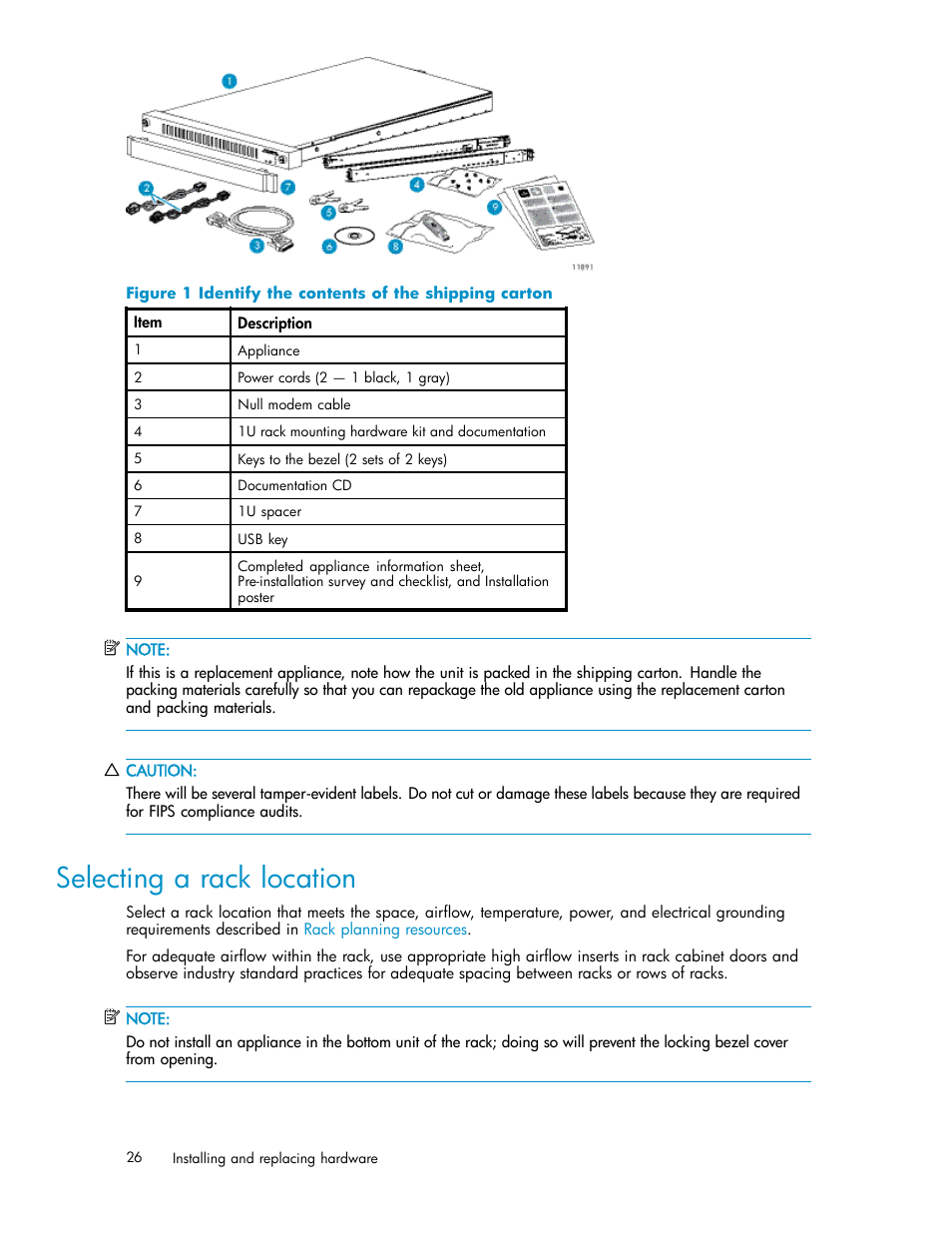 Selecting a rack location, Installing the rails in the rack, 1 identify the contents of the shipping carton | HP Secure Key Manager User Manual | Page 26 / 327