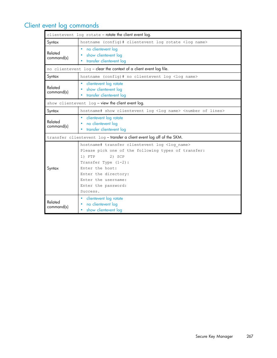 Client event log commands | HP Secure Key Manager User Manual | Page 267 / 327