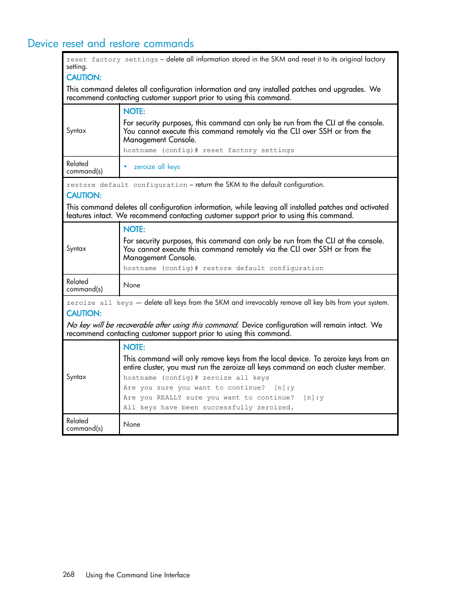 Device reset and restore commands, Diagnostic commands, Fips commands | HP Secure Key Manager User Manual | Page 268 / 327