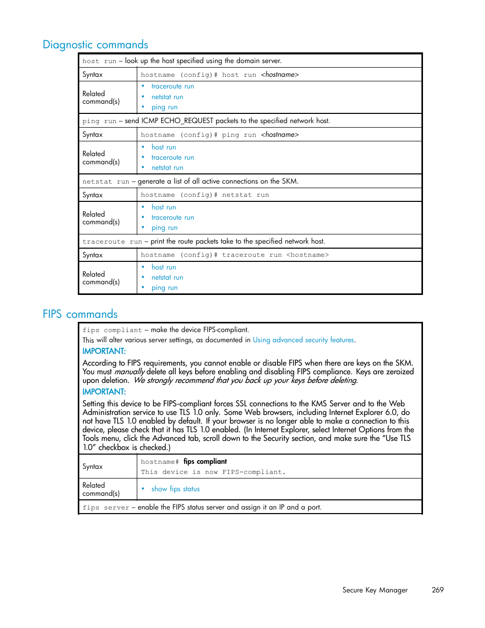 Diagnostic commands, Fips commands | HP Secure Key Manager User Manual | Page 269 / 327