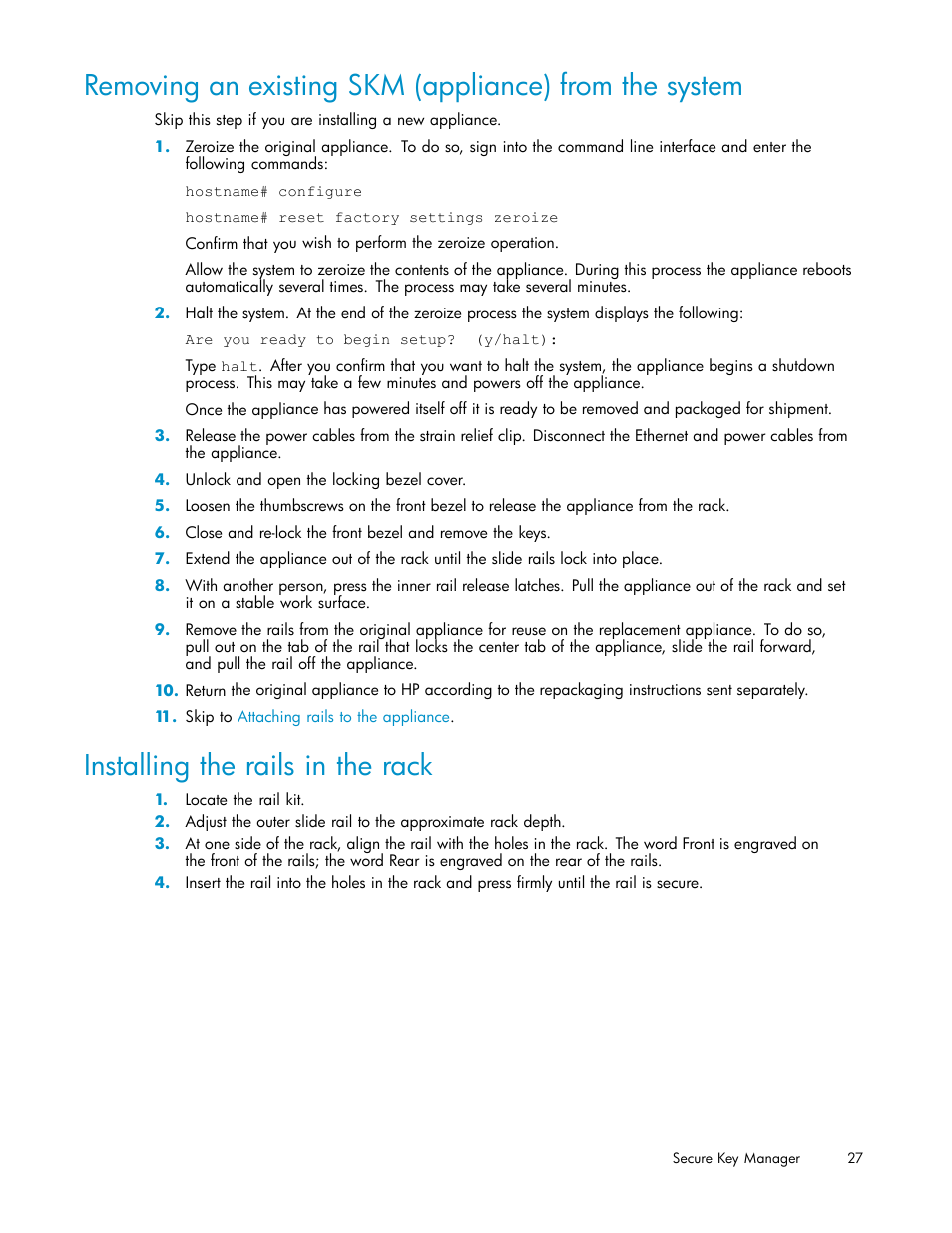 Installing the rails in the rack, Removing the existing appliance, Install rails in the rack | HP Secure Key Manager User Manual | Page 27 / 327