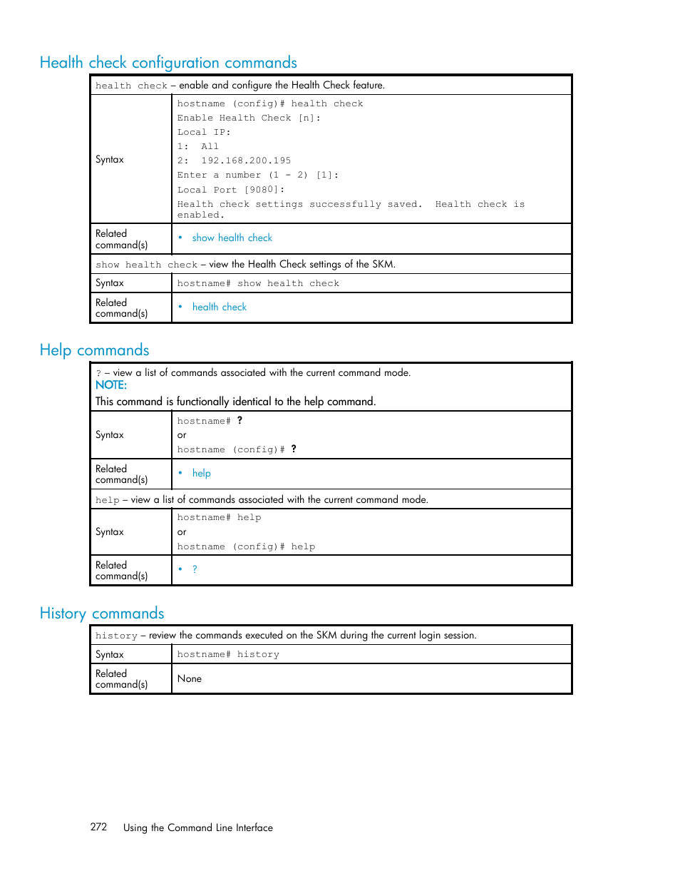 Health check configuration commands, Help commands, History commands | Log commands | HP Secure Key Manager User Manual | Page 272 / 327