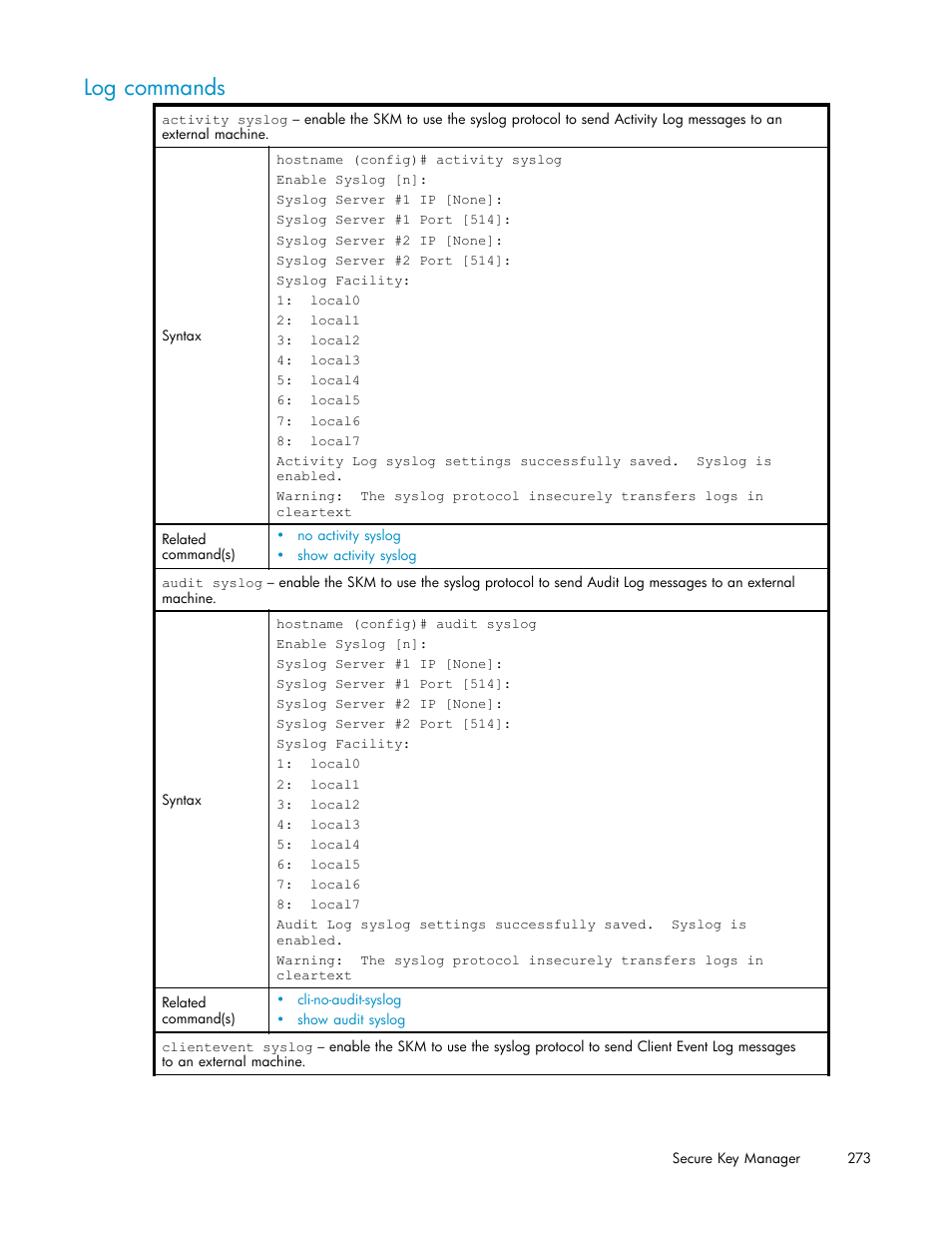 Log commands | HP Secure Key Manager User Manual | Page 273 / 327