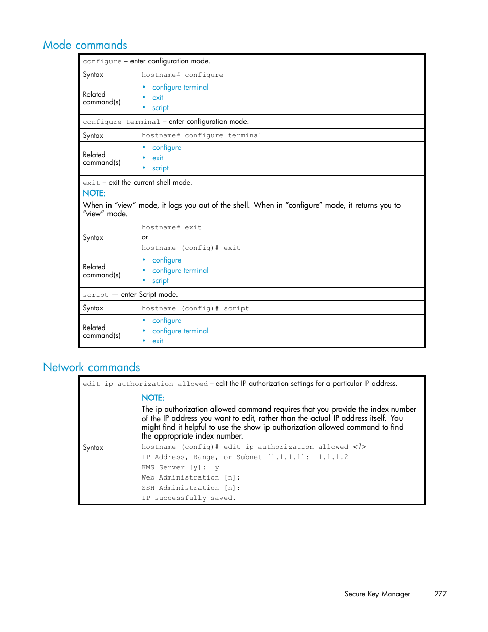 Mode commands, Network commands | HP Secure Key Manager User Manual | Page 277 / 327