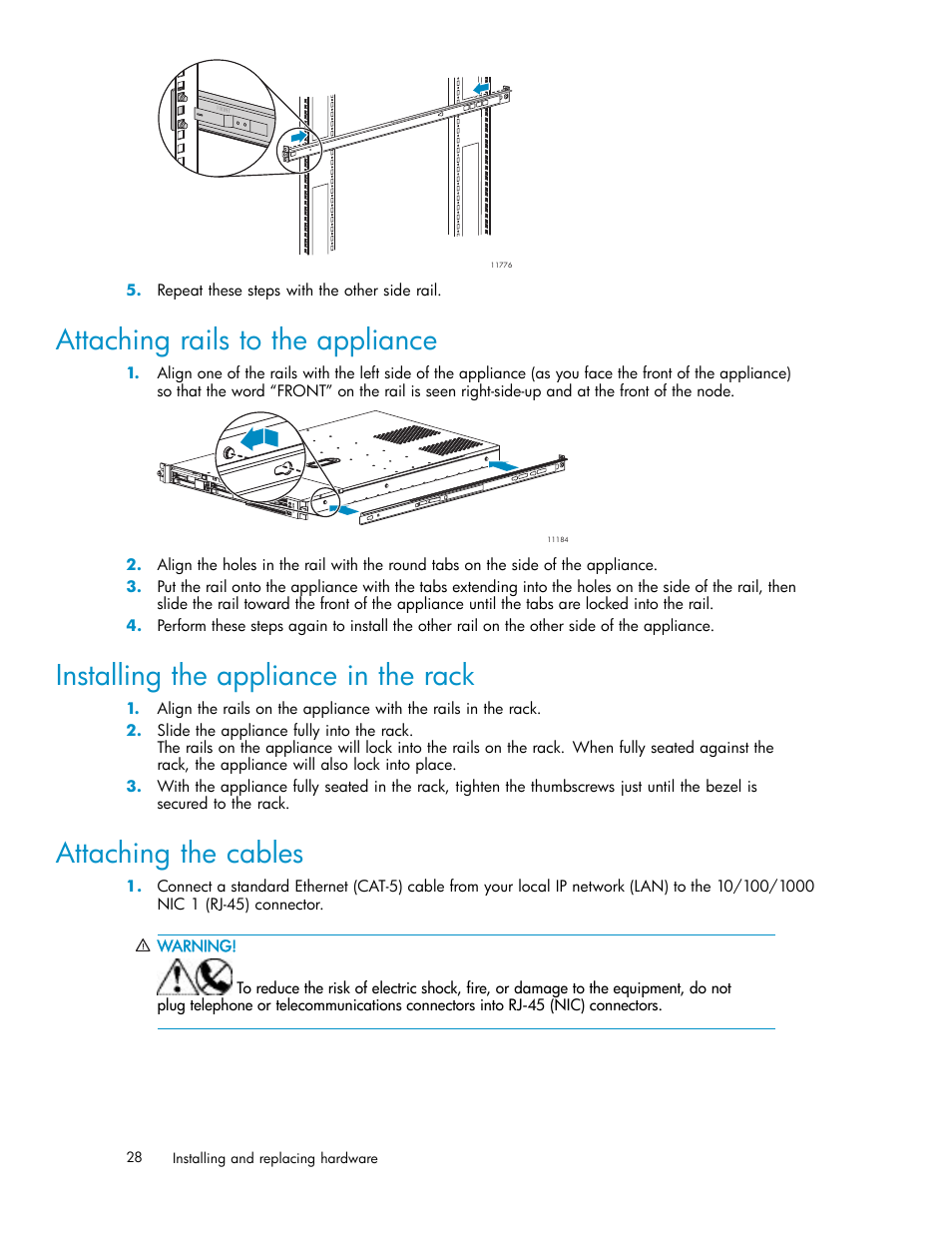 Attaching rails to the appliance, Installing the appliance in the rack, Attaching the cables | HP Secure Key Manager User Manual | Page 28 / 327