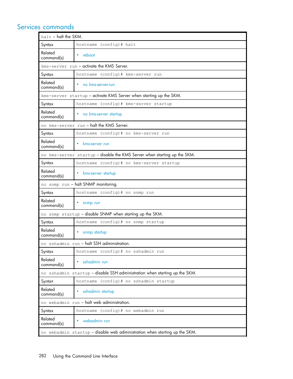 Services commands | HP Secure Key Manager User Manual | Page 282 / 327