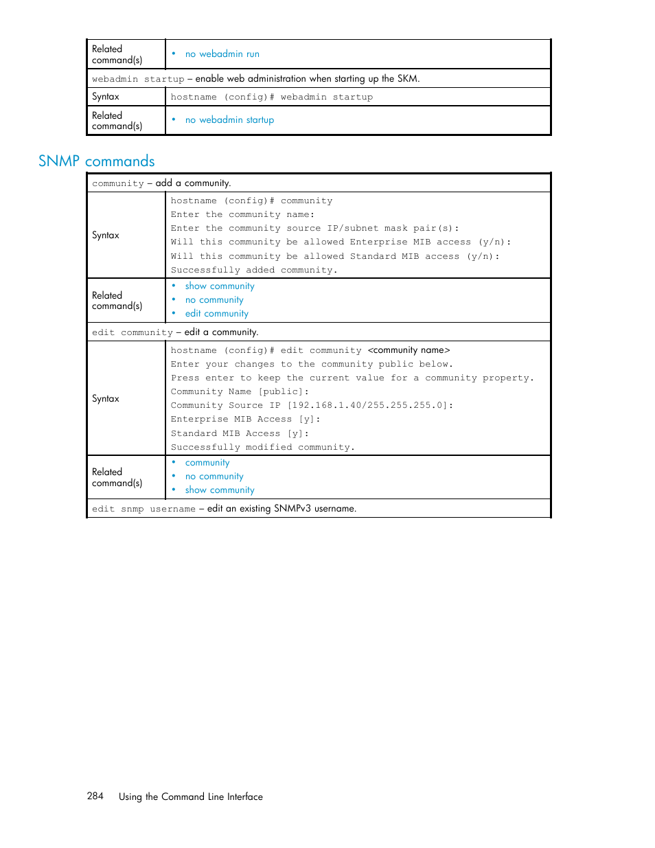 Snmp commands | HP Secure Key Manager User Manual | Page 284 / 327