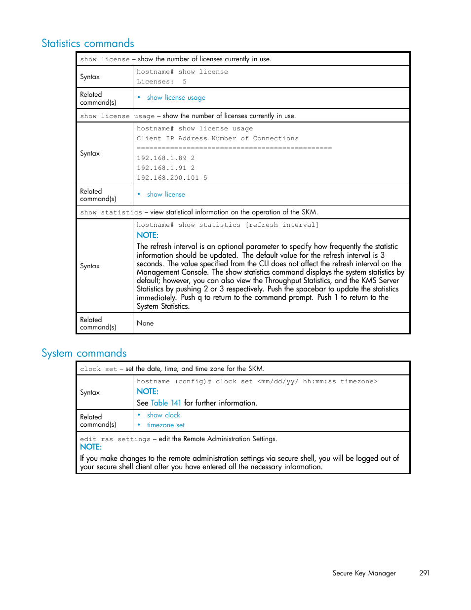 Statistics commands, System commands | HP Secure Key Manager User Manual | Page 291 / 327