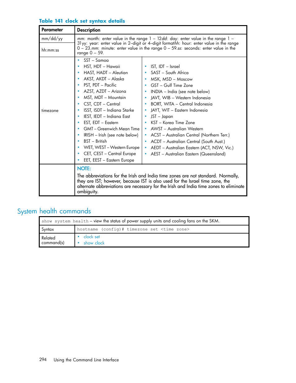 System health commands, System information commands, 141 clock set syntax details | HP Secure Key Manager User Manual | Page 294 / 327