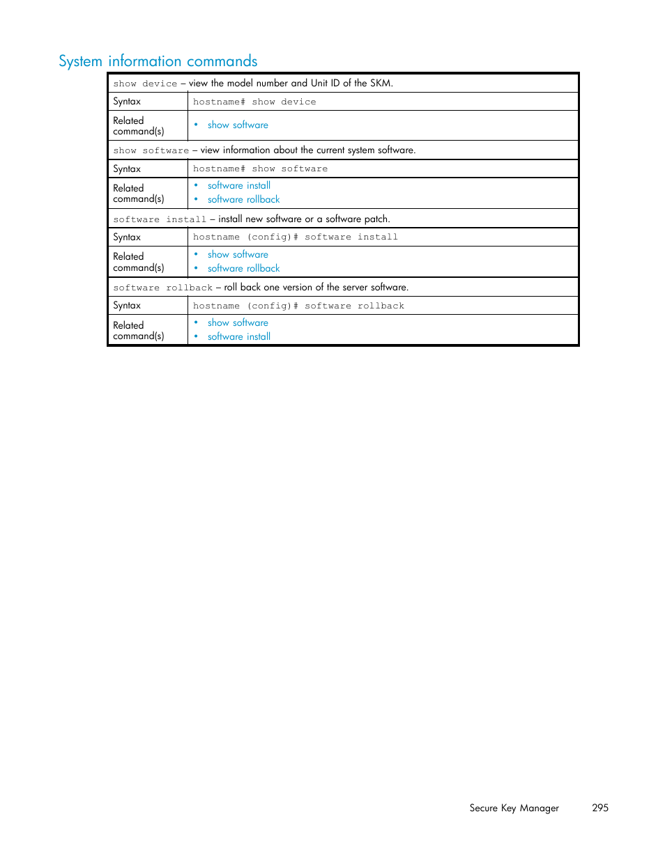 System information commands | HP Secure Key Manager User Manual | Page 295 / 327