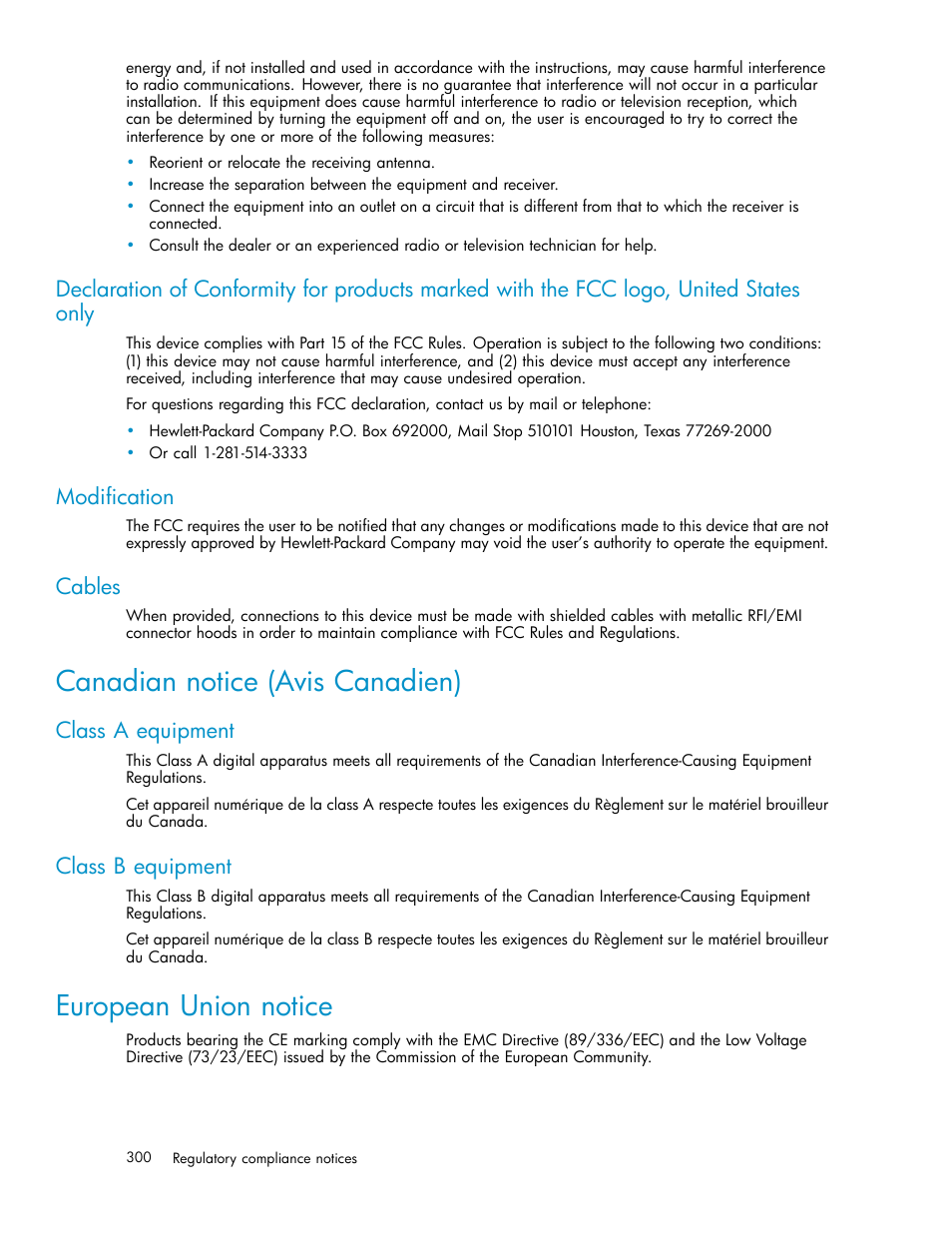 Modification, Cables, Canadian notice (avis canadien) | Class a equipment, Class b equipment, European union notice, Japanese notices, Korean notices | HP Secure Key Manager User Manual | Page 300 / 327