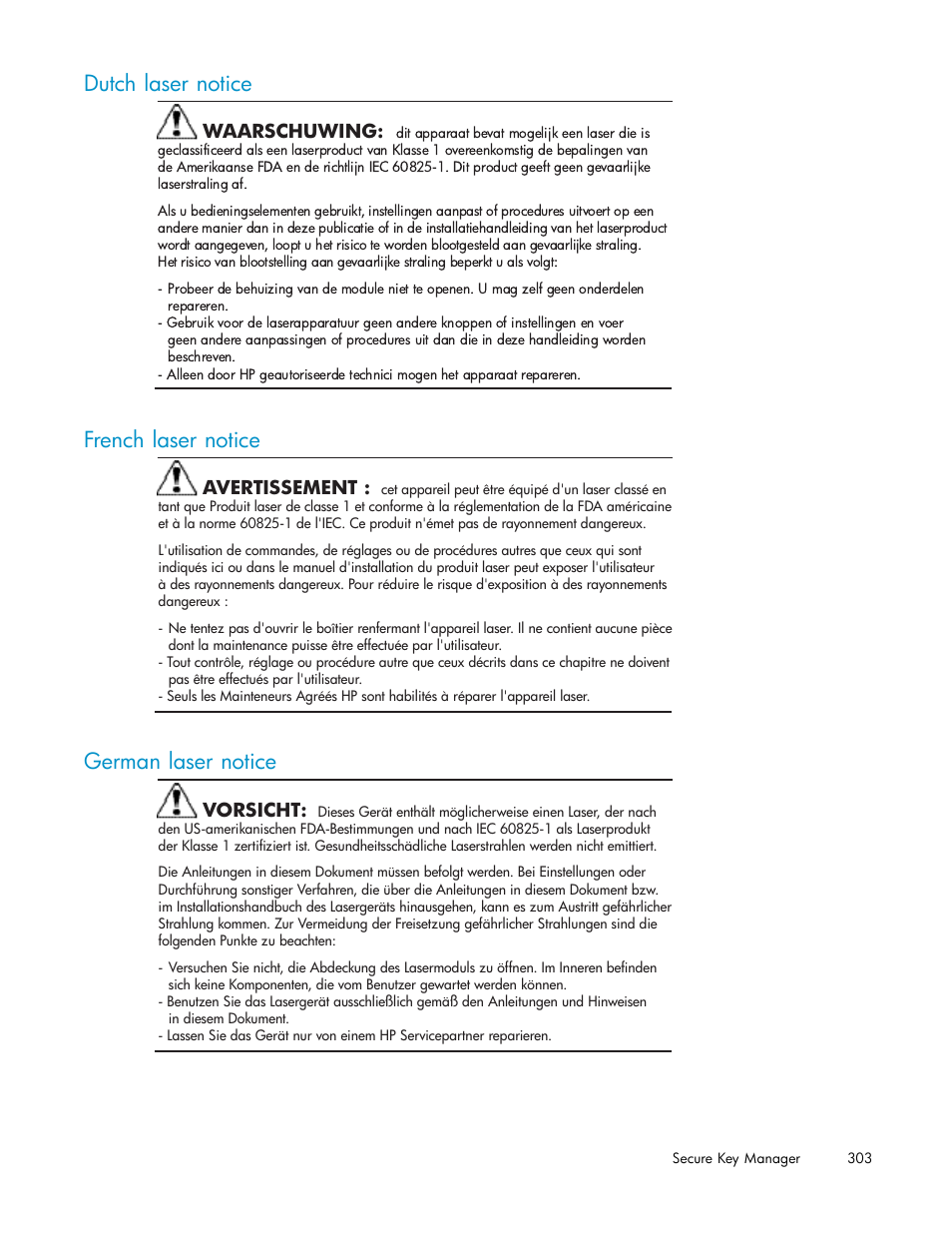 Dutch laser notice, French laser notice, German laser notice | HP Secure Key Manager User Manual | Page 303 / 327