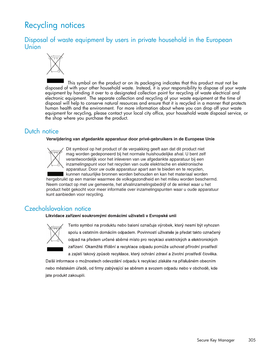 Recycling notices, Dutch notice, Czecholslovakian notice | HP Secure Key Manager User Manual | Page 305 / 327