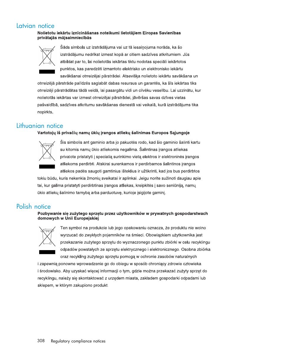 Latvian notice, Lithuanian notice, Polish notice | Portuguese notice, Slovakian notice, Slovenian notice | HP Secure Key Manager User Manual | Page 308 / 327