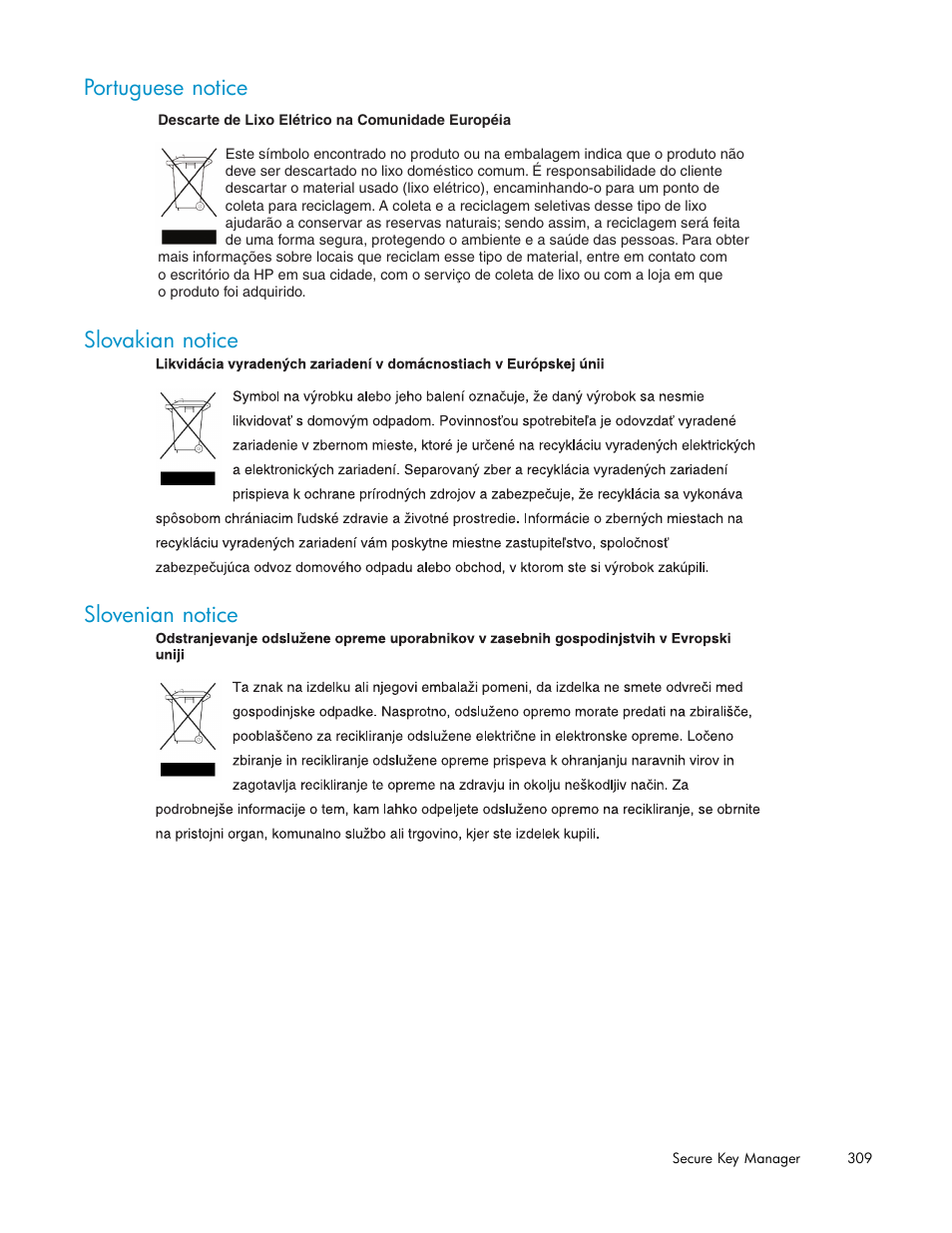 Portuguese notice, Slovakian notice, Slovenian notice | Slovakian notice slovenian notice | HP Secure Key Manager User Manual | Page 309 / 327