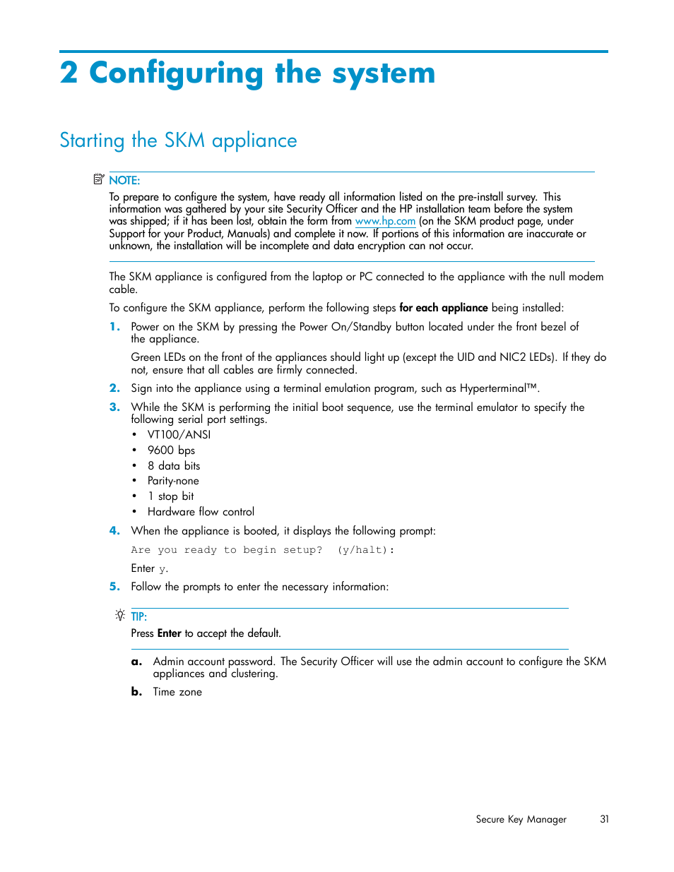 2 configuring the system, Starting the skm appliance | HP Secure Key Manager User Manual | Page 31 / 327