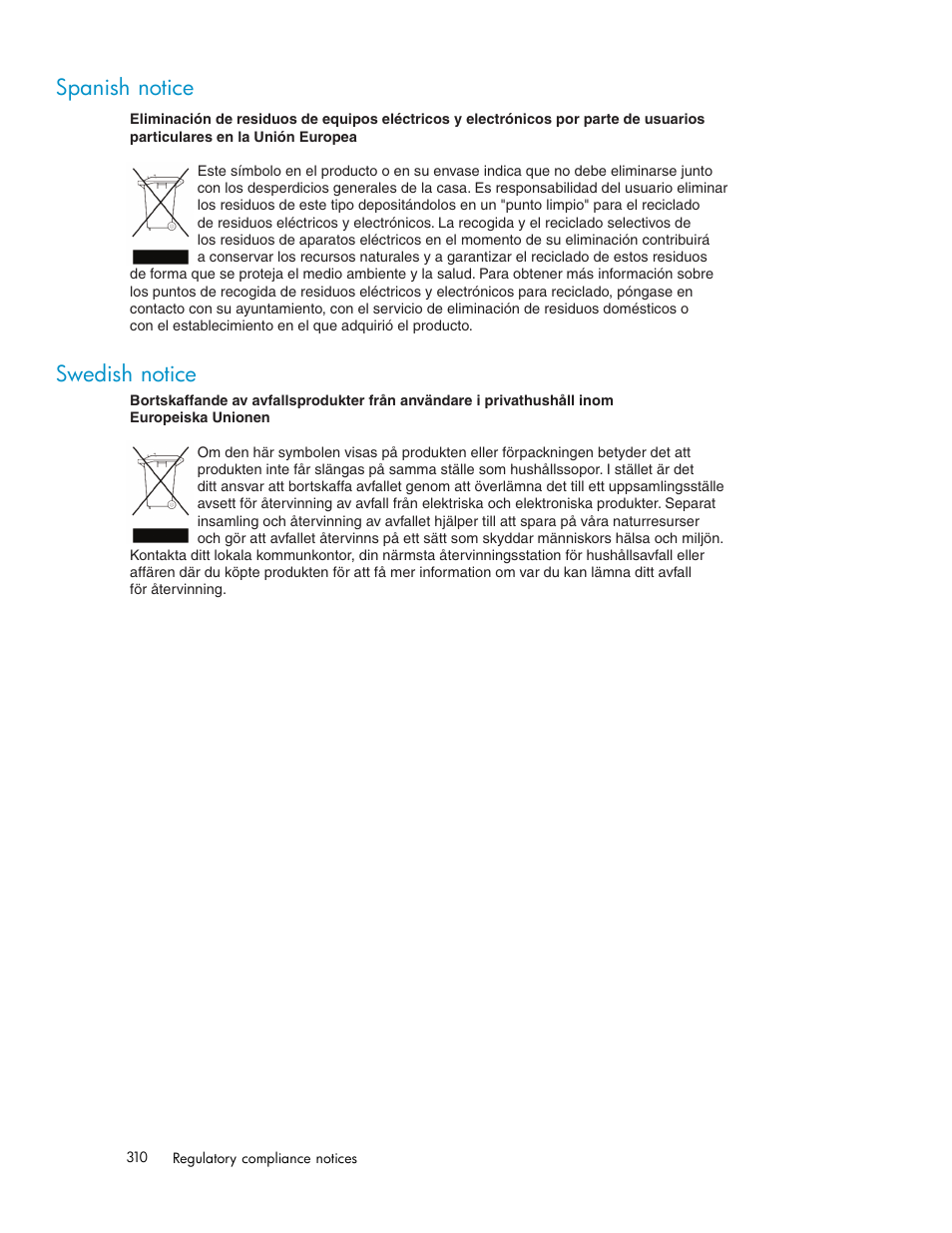 Spanish notice, Swedish notice, Battery replacement notices | Dutch battery notice, French battery notice | HP Secure Key Manager User Manual | Page 310 / 327