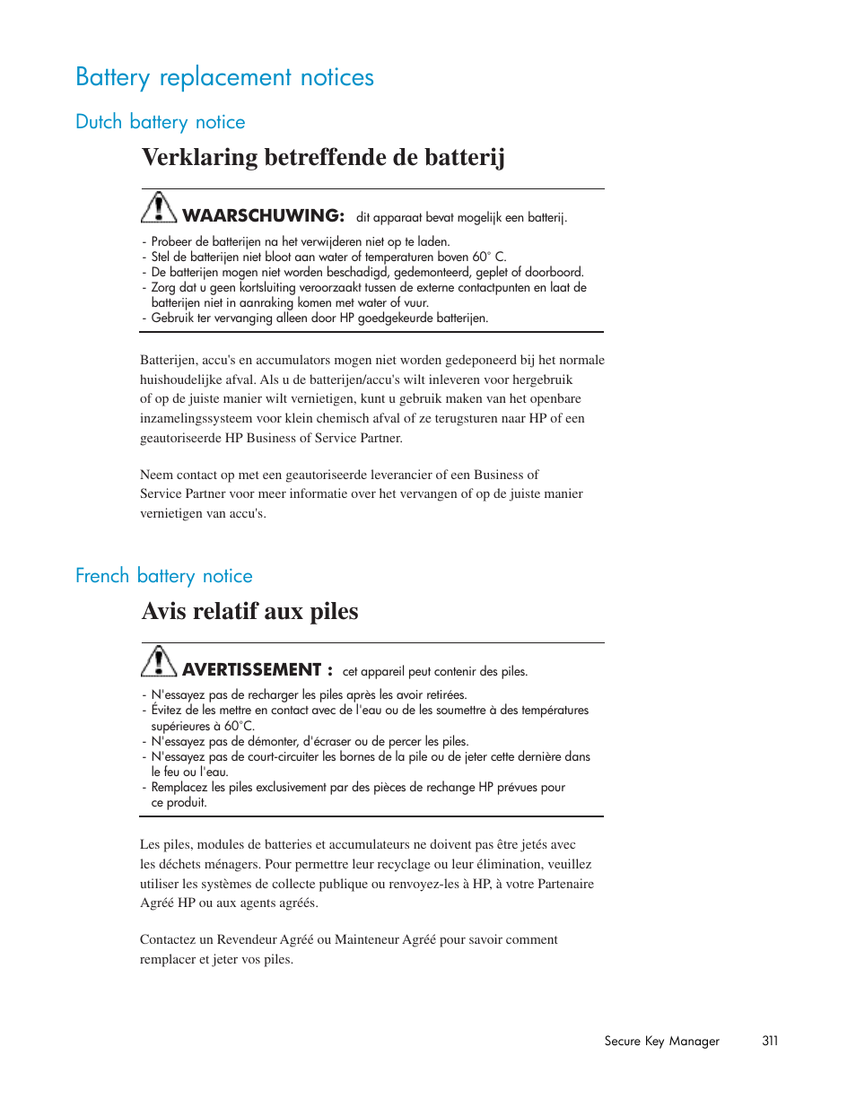 Battery replacement notices, Dutch battery notice, French battery notice | Verklaring betreffende de batterij, Avis relatif aux piles | HP Secure Key Manager User Manual | Page 311 / 327