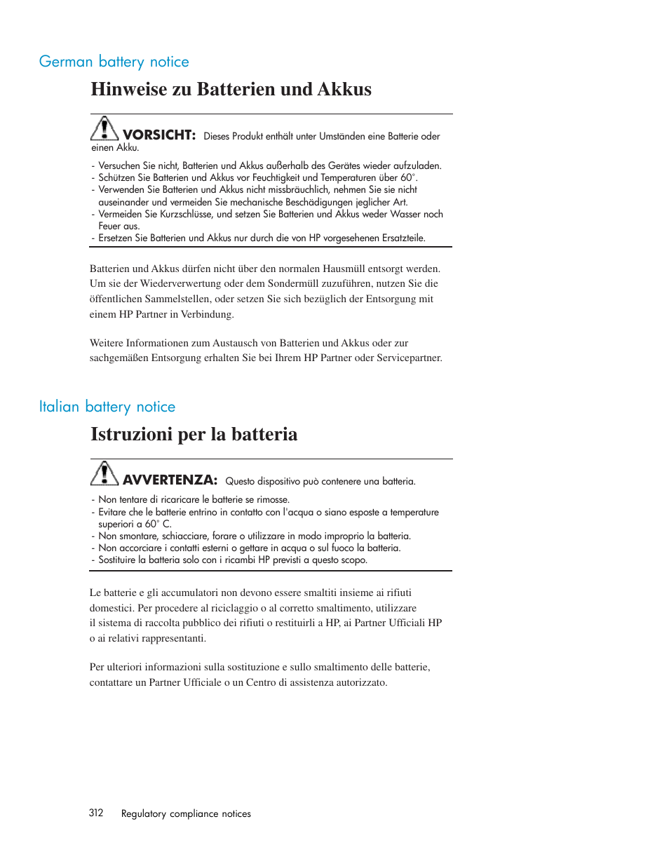 German battery notice, Italian battery notice, Japanese battery notice | Spanish battery notice, Subscription service, Hinweise zu batterien und akkus, Istruzioni per la batteria | HP Secure Key Manager User Manual | Page 312 / 327